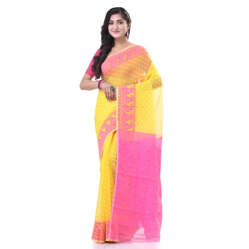 dB DESH BIDESH Women`s Resham Dhakai Jamdani Cotton Handloom Saree Hajar Buti Design Jamdani Saree (Yellow Pink) - Image 3