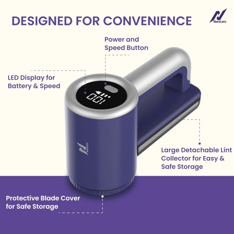 Nexlev Lint Remover & Fabric Shaver | Sofa, Blanket & Clothes |Digital Display| 6 Stainless Steel Blades| 3 Speed Modes| Heavy Duty| 120Mins Usage| Large Tank | Type C| 2000 mAh Battery | LR-02 (Blue) - Image 6