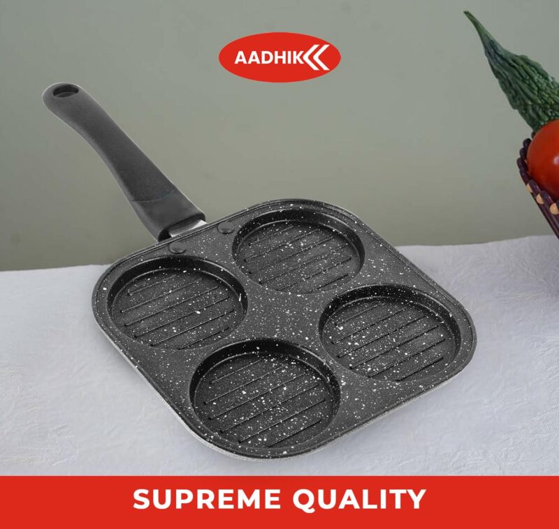 AADHIK Non-Stick Grill Pan Mini Pan Uttapam Tawa Aluminum Multi Snack Maker 4 Cavity, Pancake Maker (Black) - Image 2