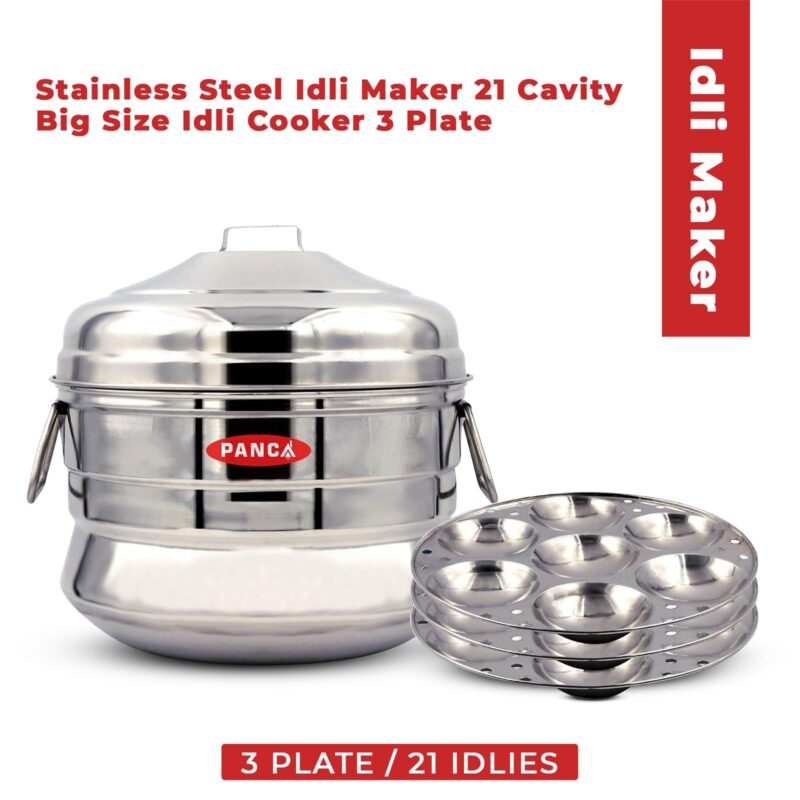 PANCA Stainless Steel Idli Maker 21 Cavity Big Size Idli Cooker 3 Plate,Idli Panai Steamer Premium (21 Idli, 3 Plate) - Image 3
