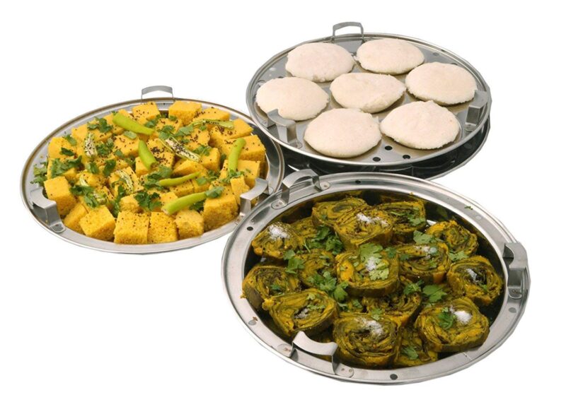 QSEC Stainless Steel Multi Kadai Idli cooker steamer with Copper Bottom All-in-One Big Size dhokla cooker | 5 Plate 2 Idli | 2 Dhokla | 1 Patra | Momo steamer | 3 in 1 | Idli maker steamer - 285MM 100% Non toxin material - Image 6