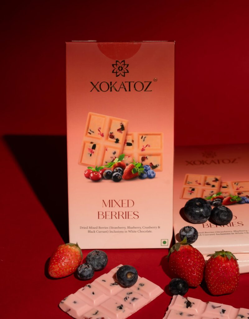 XOKATOZ Exotic Premium Chocolate - 1 Mixed Berries and 1 Kesar Pista Flavours - Flavoured White Chocolate Bars - Gift Set- Pack of 2, 150g (75g x 2) - Image 8