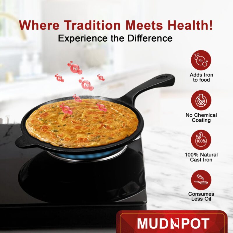 MUD N POT Pre Seasoned Cast Iron Dosa Tawa/Roti Tawa | Long Handle Pan | 10.5 inches Diameter | Naturally Seasoned with Vegetable Oil | Non Toxic| Vintage - Image 3