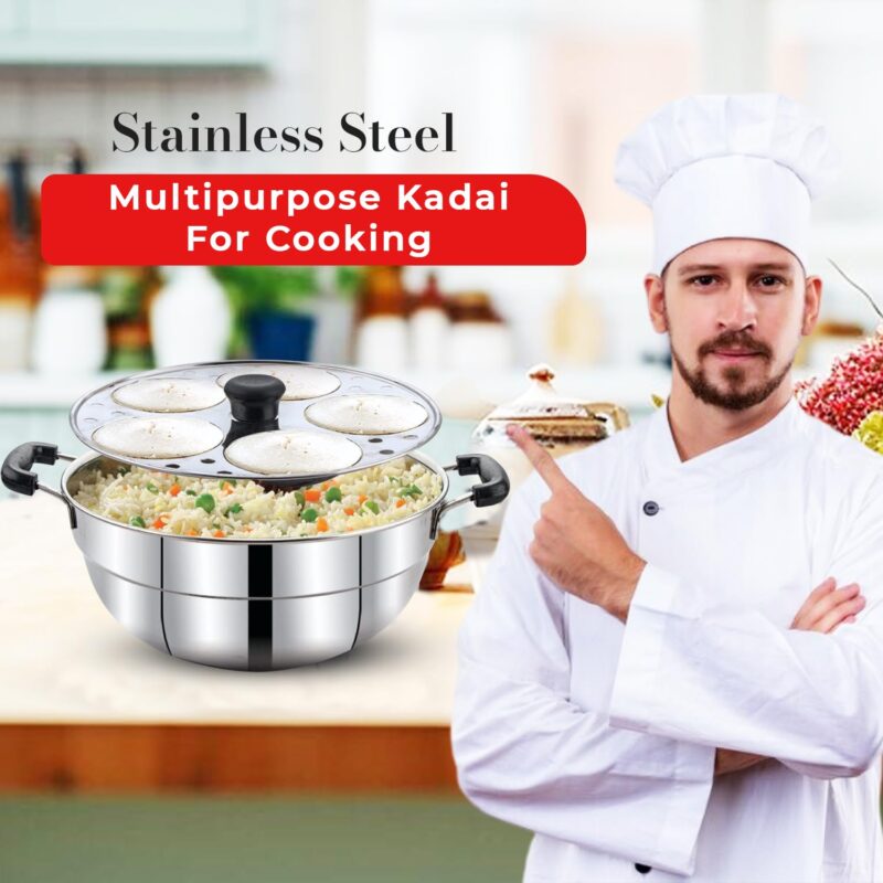PANCA Stainless Steel Idli Maker 2 Plates With Glass Lid, Makes 10 Idli, Premium Idli Cooker,Multipurpose Kadai For Cooking And Serving,Premium Idli Pot With Glass Lid (10 IDLI) - Image 2