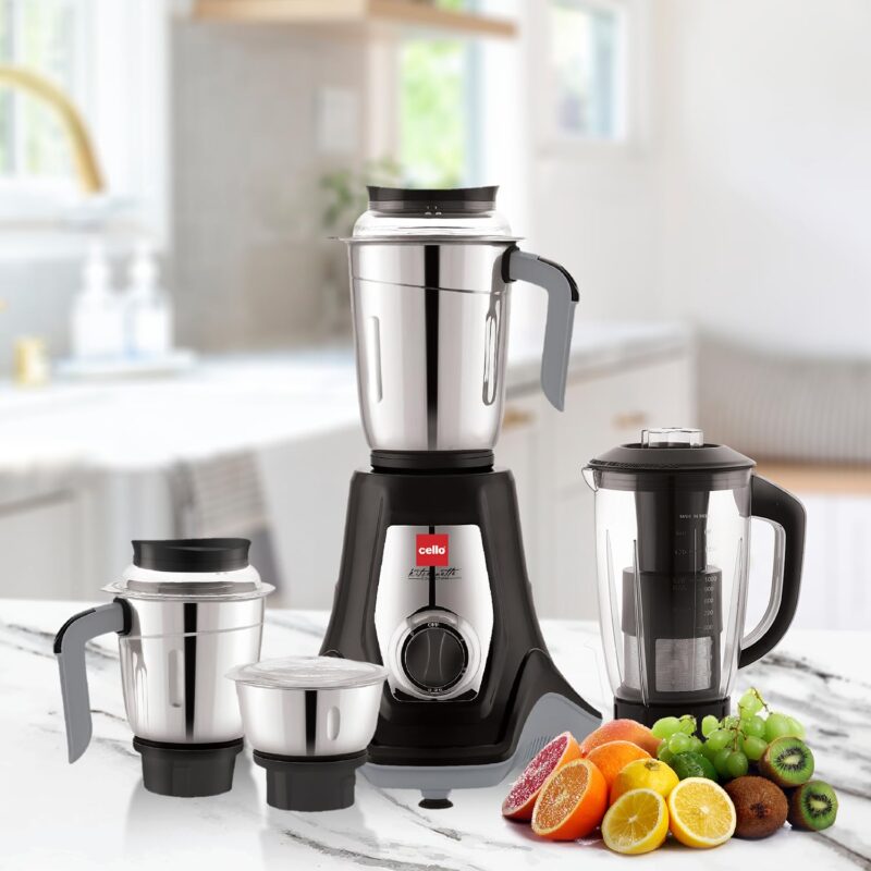 Cello Kitchenette Collection Levanate Pro Plus Mixer Grinder with 3 Jars & 1 Juicer | 500 Watts | 3X Speed Control | Set of 4 | Black