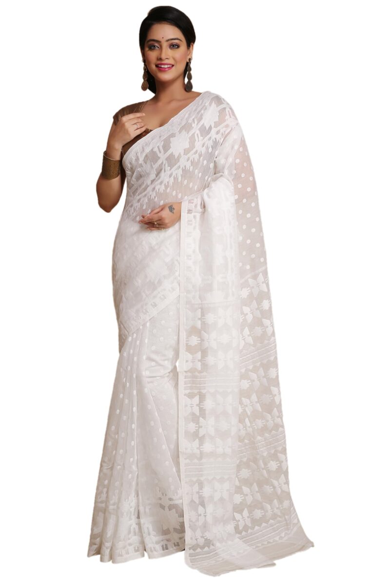 BENGAL HANDLOOM Women'S Cotton Silk Dhakai Softs Vojadi Dhakai Jamdani Sarees (Wite White) - Image 6