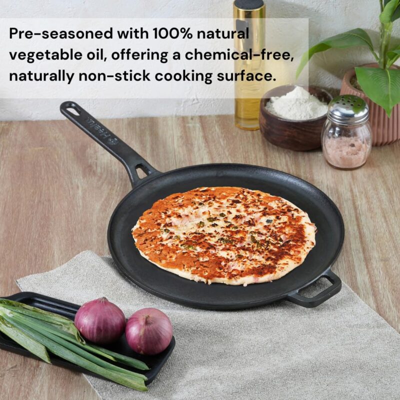 Healux 28cm Pre-Seasoned Cast Iron Dosa Tawa/Uttapam/Roti/Chapati/Obattu/Paratha Tawa | Toxin Free | Naturally Non Stick | Gas Base - Image 7