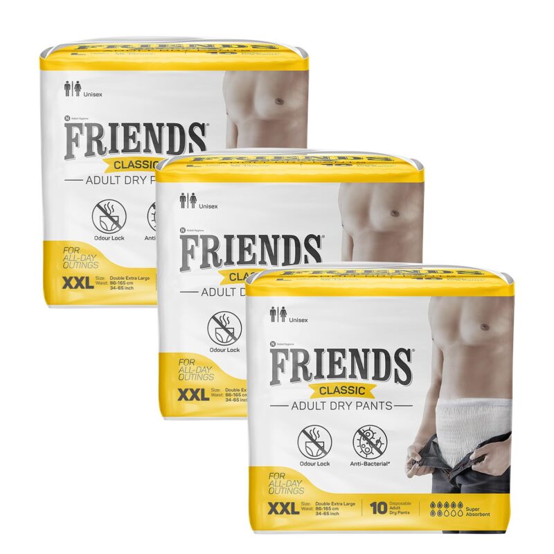 Friends Classic Adult Diapers Pants Style - 30 Count (Double Extra Large) with odour lock, Unisex, Leakproof, Elastic Waist and Anti-Bacterial Absorbent Core - Waist Size 34-65 Inch; 86-165 cm