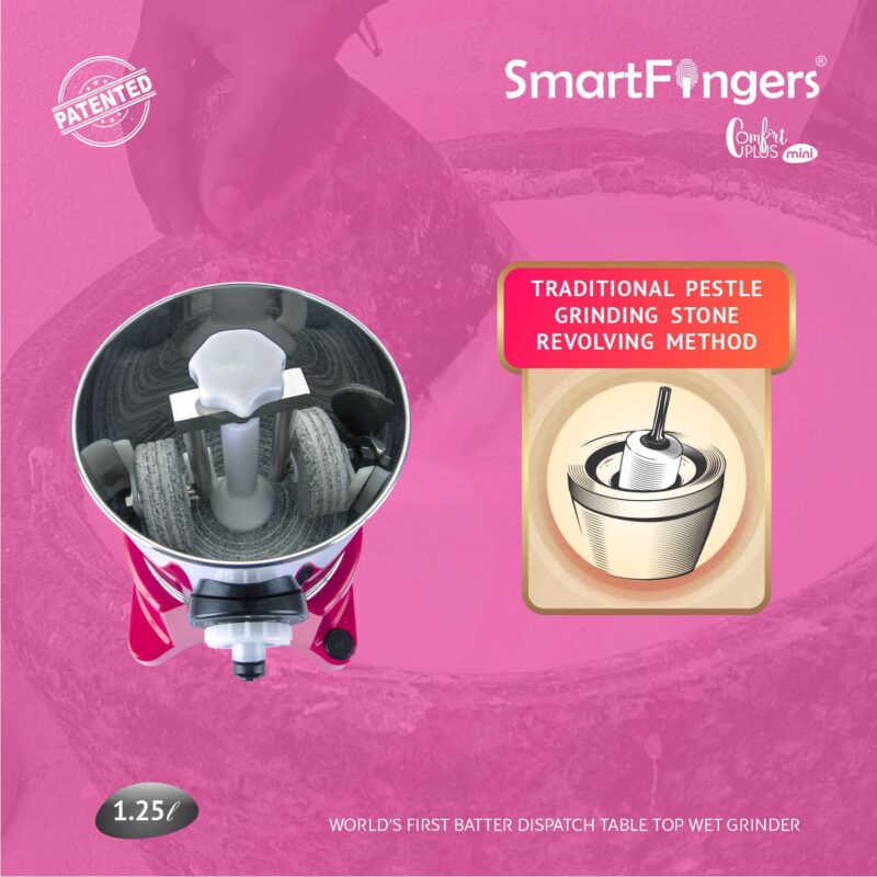 SmartFingers Comfort Plus Mini Table Top Wet Grinder 230V 50hz, 1.25 Liter, Pink - Image 5