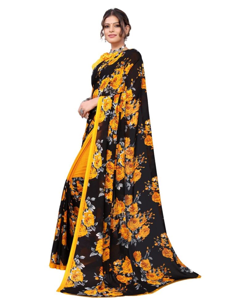 Tarshika Women's Yellow Floral Printed Georgette Saree with unstitched blouse piece(FLORAL YELLOW_W_Free Size) - Image 6