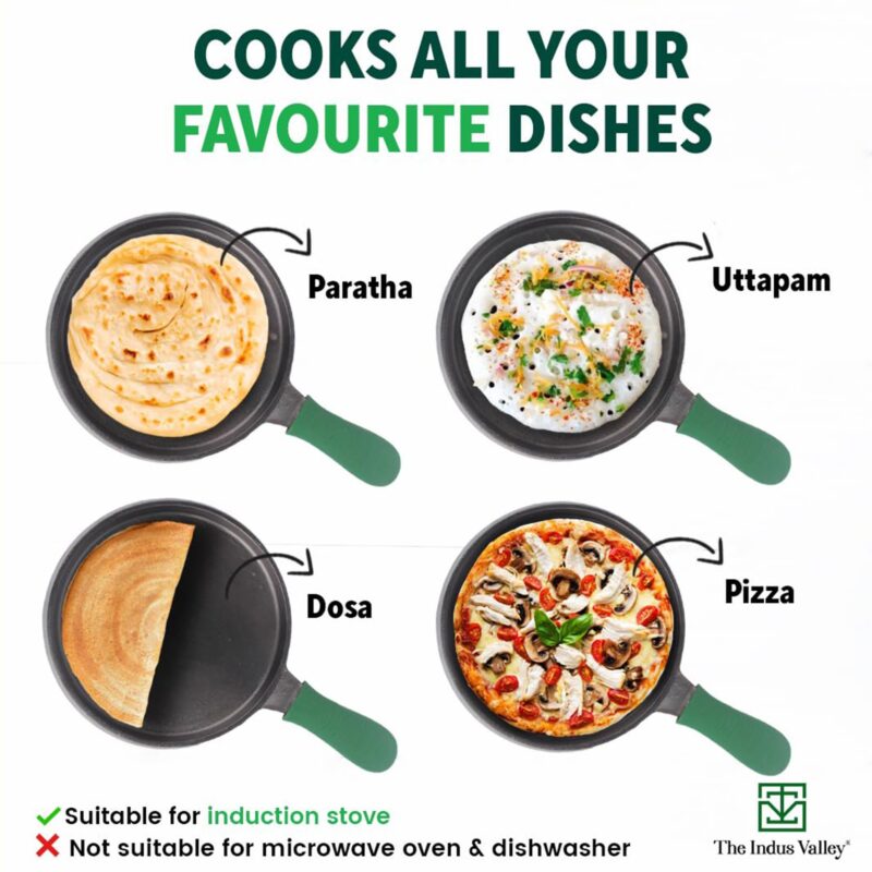 The Indus Valley Pre-Seasoned Cast Iron Tawa for Dosa/Chapathi with Silicone Grip | 25.5cm/10 inch, 2.1kg | Induction Friendly | Naturally Nonstick, 100% Pure & Toxin-Free, No Chemical Coating - Image 2