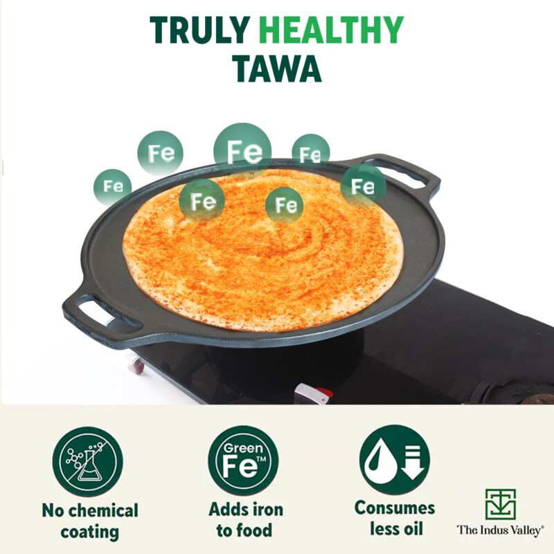 The Indus Valley Pre-Seasoned Cast Iron Tawa for Dosa/Chapathi | 30.2cm/11.8 inch, 2.4kg | Induction Friendly | Nonstick, Pre-Seasoned Tawa, 100% Pure & Toxin-Free, No Chemical Coating, Black - Image 8