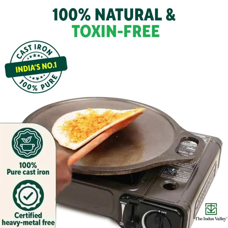 The Indus Valley Super Smooth Cast Iron Tawa for Dosa/Chapathi + Free Spatula | 30.5cm/12 inch, 3kg | Induction Friendly | Naturally Nonstick, Pre-Seasoned Tawa, 100% Pure & Toxin-Free - Image 7