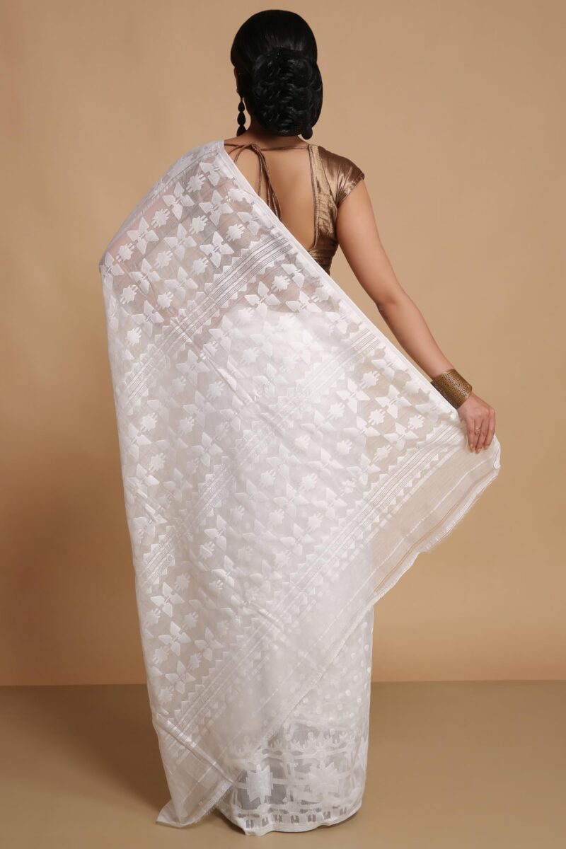 BENGAL HANDLOOM Women'S Cotton Silk Dhakai Softs Vojadi Dhakai Jamdani Sarees (Wite White) - Image 3