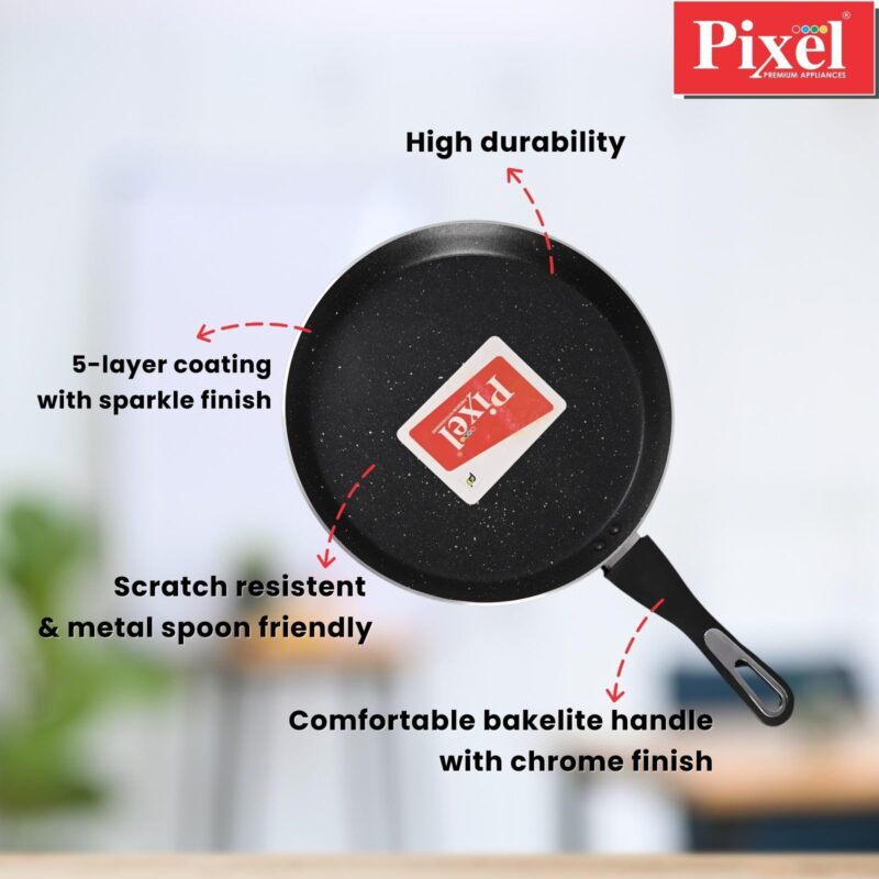 PIXEL Stellar Induction Base Nonstick Dosa Tawa, Granite Coating Crepe Pan Pancake Flat Skillet Tawa Griddle 11-Inch with Stay-Cool Bakelite Handle, Induction Compatible, PFOA Free - Image 5