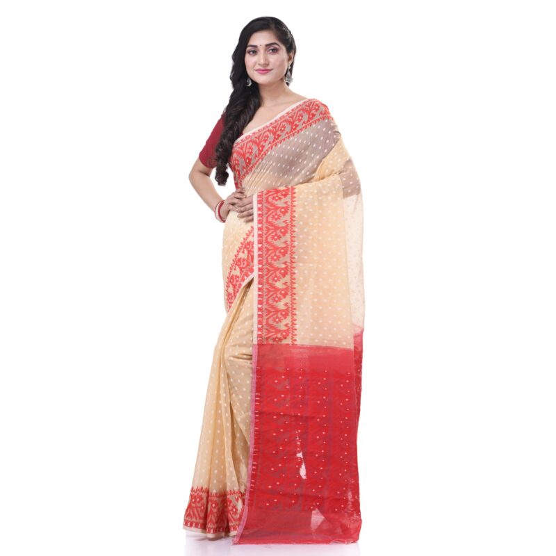 dB DESH BIDESH Women`s Resham Dhakai Jamdani Cotton Handloom Saree Hajar Buti Design Jamdani Saree (Cream Red) - Image 3
