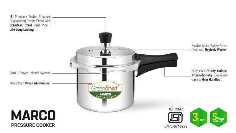 GREENCHEF Marco Aluminium Pressure Cooker Outer Lid 3 Litre capacity, ISI Certified, Silver Colour - Image 2