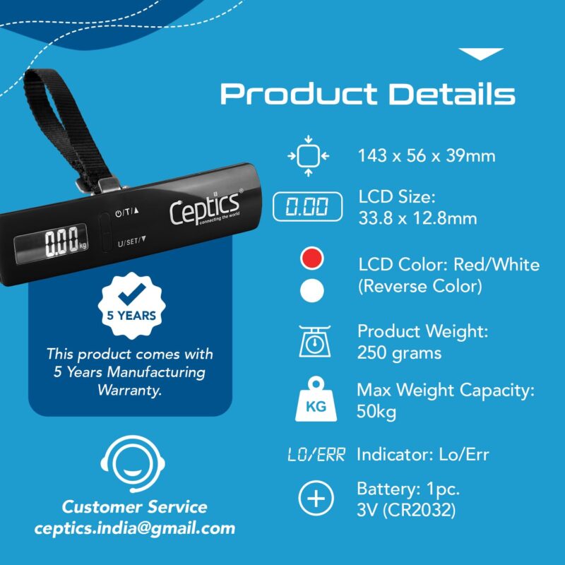 Ceptics weight machine for luggage weighing scale, luggage weighing scale capable capacity up to 50 Kg, weighing machine for luggage with LCD display luggage scale for bags, home, shop - BLACK - Image 6