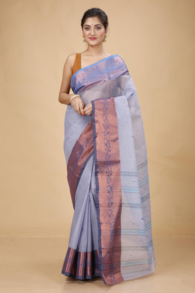 Laxmi Handloom Women's Traditional Bengal Tant Handloom Pure Cotton Tangail Zari Border Saree without Blouse Piece (Grey) - Image 2