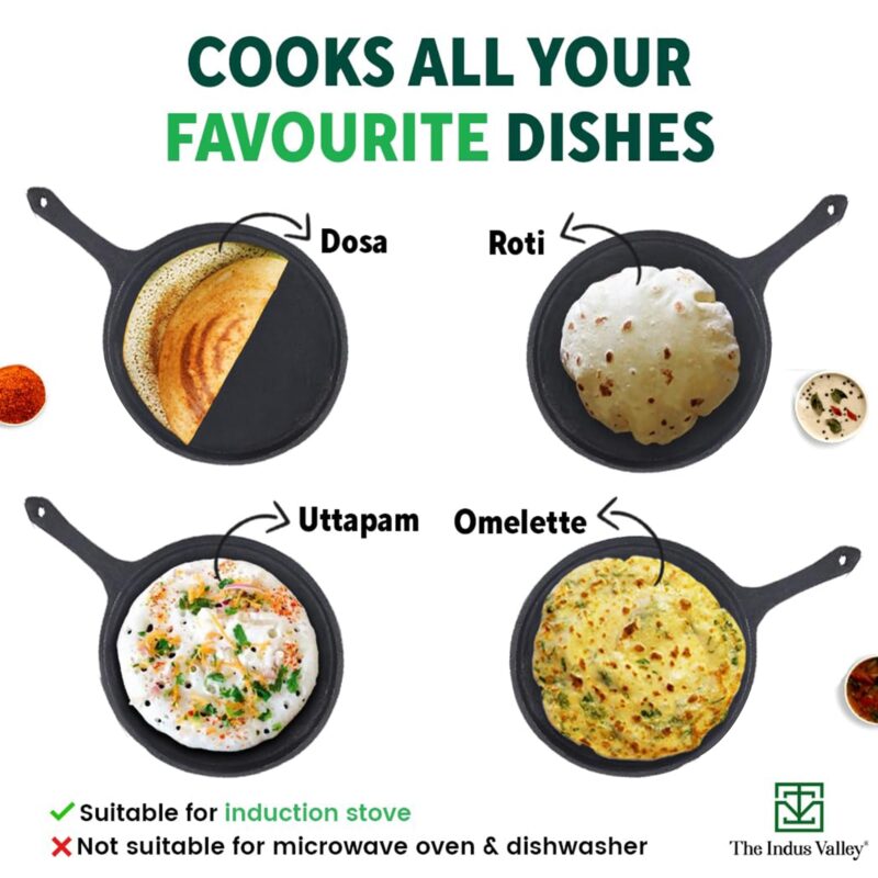 The Indus Valley Pre-Seasoned Cast Iron Tawa with Free Wooden Spatula for Dosa/Chapathi | 25.7cm/10.3 inch, 2kg | Induction Friendly | Naturally Nonstick, 100% Pure & Toxin-Free, No Chemical Coating - Image 2