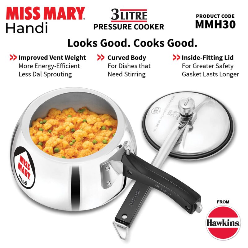 Hawkins 3 Litre Miss Mary Handi Pressure Cooker, Inner Lid Cooker, Silver (MMH30) Aluminium - Image 9