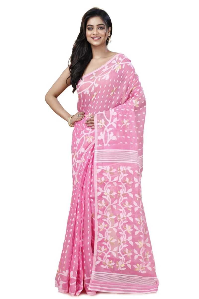 OISHANI SAREE GHOR Women's Traditional Bengal Cotton Silk Belpata Jamdani Saree (Pink)