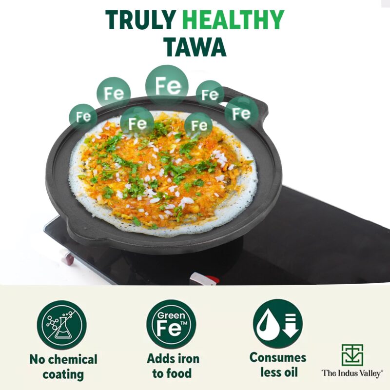 The Indus Valley Super Smooth Cast Iron Tawa with Free Wooden Spatula for Dosa/Chapathi | 27.6cm/10.8 inch, 2.8kg | Induction Friendly | Naturally Nonstick, 100% Pure & Toxin-Free - Image 8