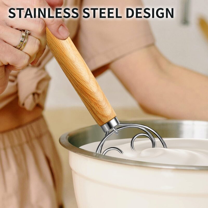 (More Efficient) TeeVea Danish Dough Whisk Stainless Steel Dutch Style Bread Dough Hand Mixer Blender Wooden Handle Kitchen Baking Tools Artisian Blender - Image 6