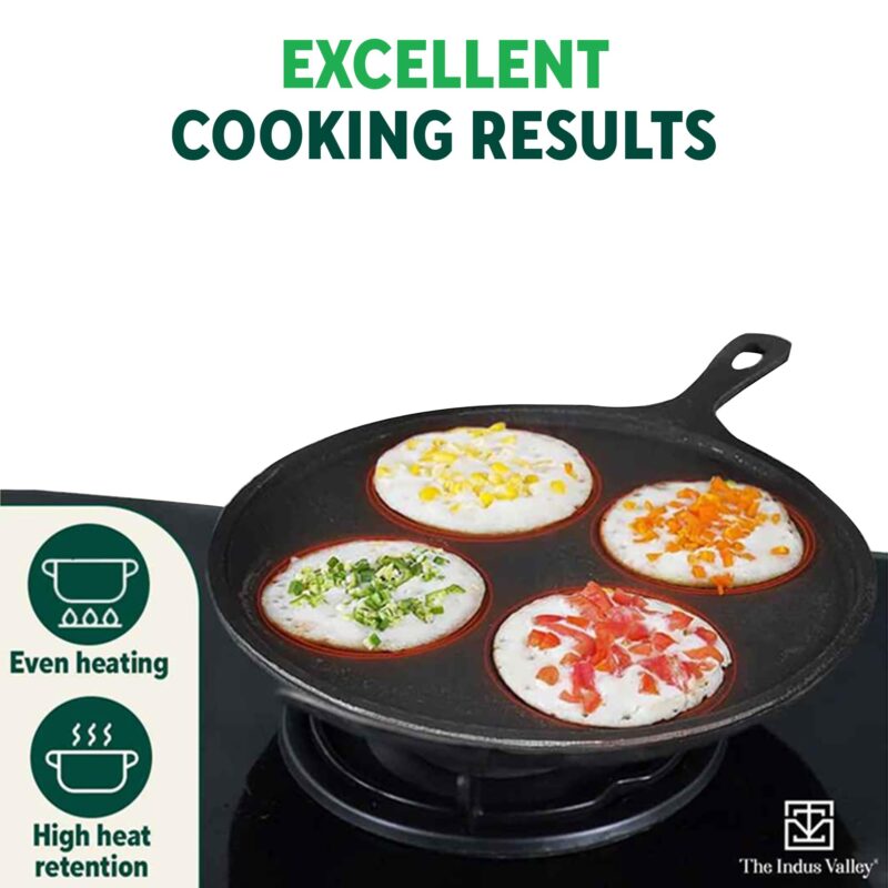 The Indus Valley Pre-Seasoned Cast Iron Uttapam Tawa | 4 Pit, 27.5cm/10.8 inch, 2.5kg | Induction Friendly | Naturally Nonstick, 100% Pure & Toxin-Free, No Chemical Coating - Image 4