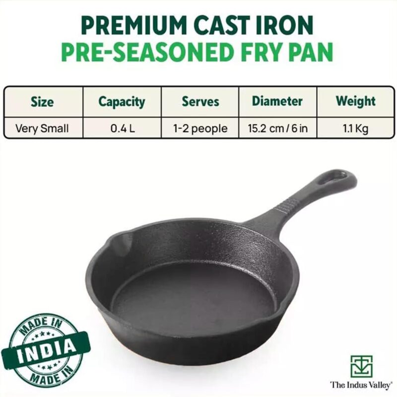 The Indus Valley Preseasoned Cast Iron Fry Pan/Skillet With Long Handle|Very Small, 15.2Cm/6Inch, 0.42Ltr, 1.1Kg|Induction Friendly|Nonstick Fry Pan,100% Pure & Toxin Free, No Chemical Coating, Black - Image 10