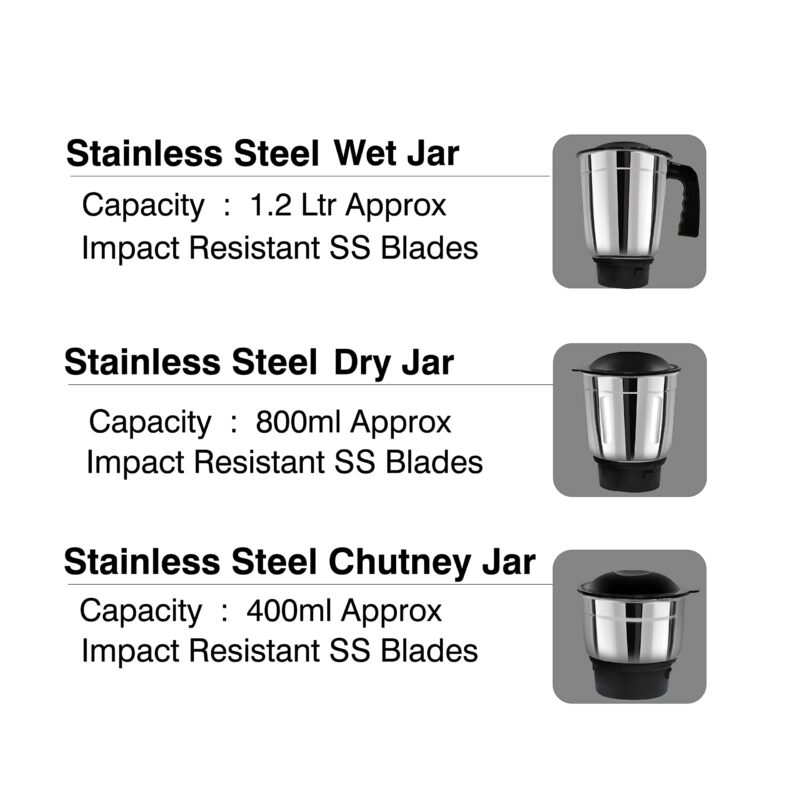 Cello Crown Grind-N-Mix Mixer Grinder 500Watt with 3 Stainless Steel Jars, Black - Image 3