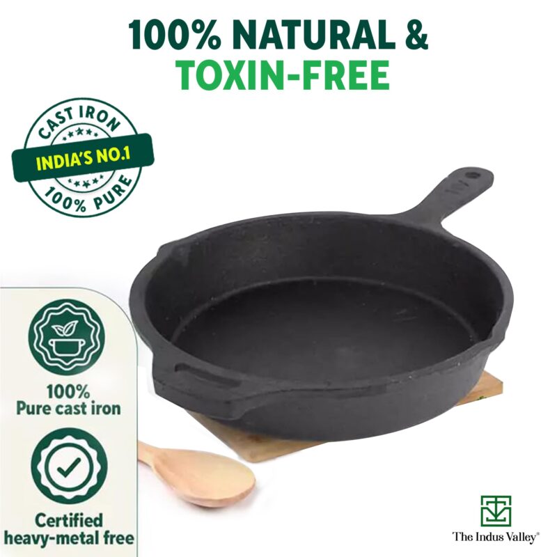 The Indus Valley Pre-Seasoned Cast Iron Fry Pan/Skillet With Silicone Grip|Medium 25Cm/10 Inch, 1.6Ltr, 2.4Kg|Induction Friendly|Nonstick Fry Pan, 100% Pure & Toxin Free, No Chemical Coating, Black - Image 8