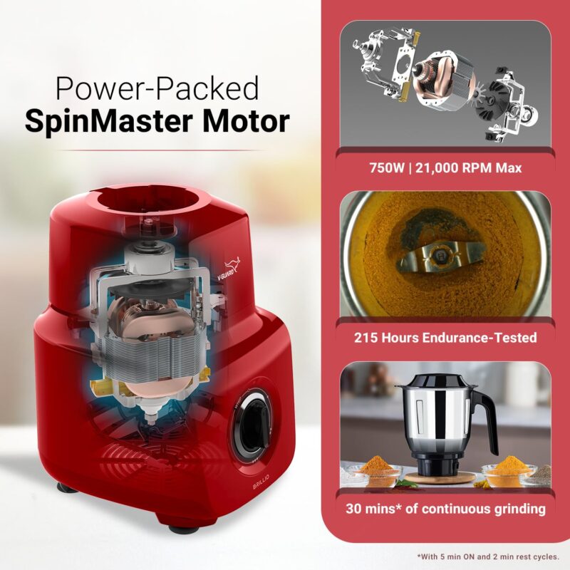 V-Guard Brillio 750 Watt Juicer Mixer Grinder, 3 Year Motor Coverage by V-Guard, 4 Jars(Chutney, Dry, Wet & Juicer), Sturdy Juicer Jar With Quadraflow Design, Precisionblend Ss Blades, Mars Red - Image 7