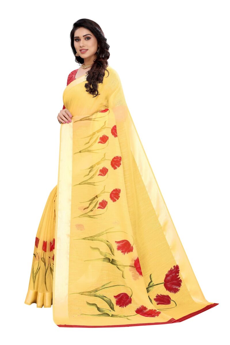 Priyashi Womens Printed Linen Saree with Blouse Piece(VANI Yellow_Free Size) 1 - Image 6