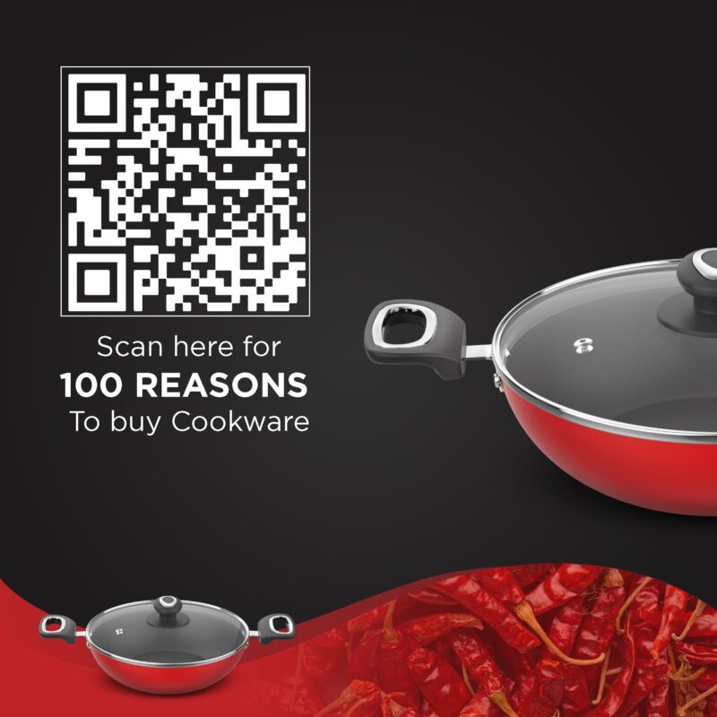 ‎Preethi Dura Collection Non Stick Kadai, 24 cm, with Glass Lid, Gas & Induction Compatible, 5 Star Non Stick Effect, Chilly Red - Image 2