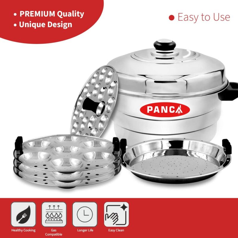 PANCA Idli Maker Stainless Steel Idli Cooker, Idli Steamer, Idly Pot, Dhokla Maker and Mini Idli Plate (Silver, 18 Idli, 18 Mini Idli, 5 Plate Idli Kadai) - Image 6
