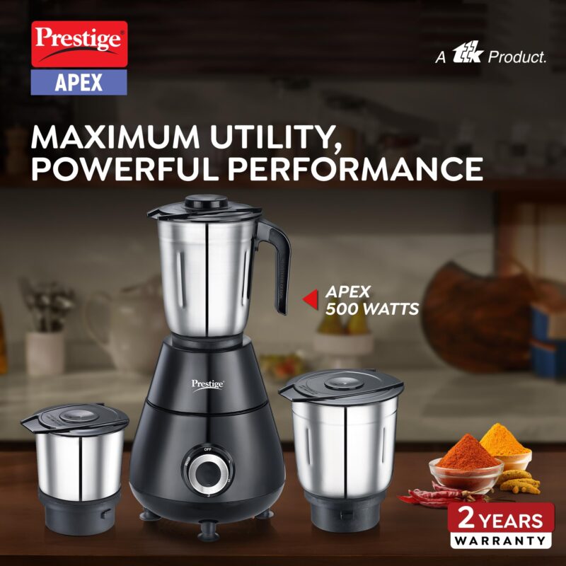 Prestige 500 Watts Apex Mixer Grinder with 3 Stainless Steel Jars|3 Super Efficient Blades|Sturdy Handles|Black| - Image 6