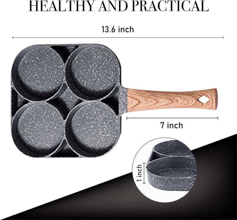 Cazuela 4 Cups Egg Pan Omelette Pan Frying Pan Egg Frying Pan 4 Cup Crepe Pan Granite Egg Cooker Breakfast Pancakes Pan Suitable for Gas Stove & Induction Cookware (Wood Grain Handle) - Image 2