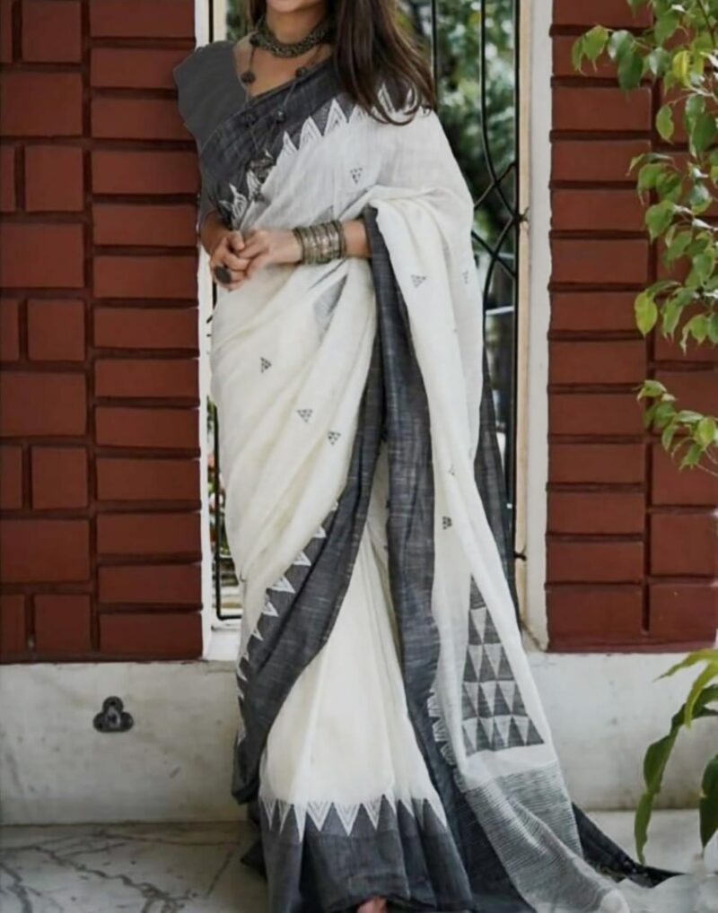 SIRIL Women's Cotton Silk Jamdani Jacquard Saree With Unstitched Blouse Piece (3684S132_White Black) - Image 9