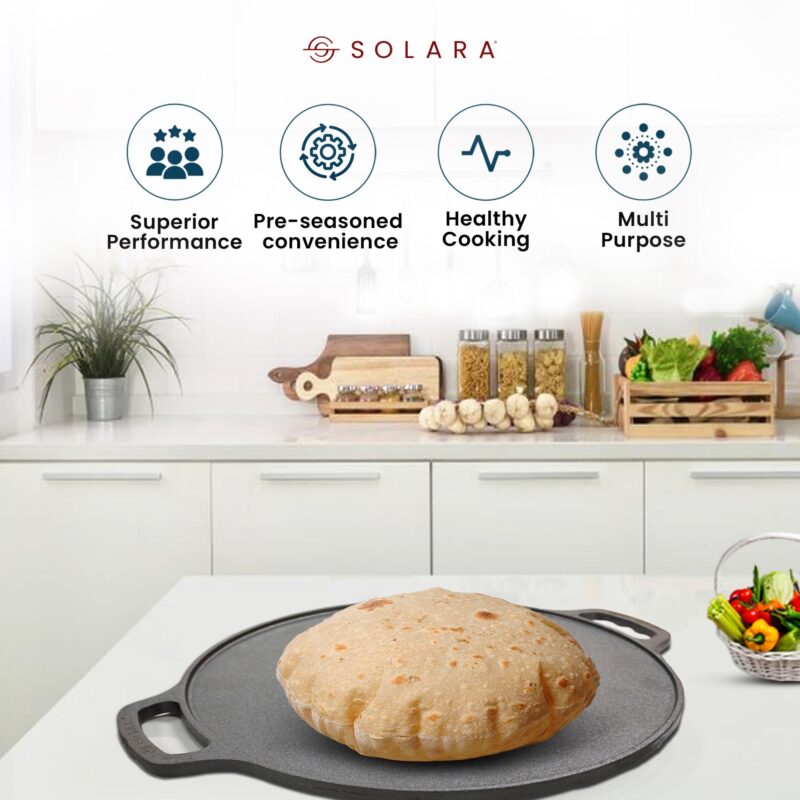 SOLARA Cast Iron Tawa for Dosa 12" Inch(30 CM), Tawa for Dosa, Uthappam, Roti, Chapati, Naan, Gas & Induction Friendly, Dosa Tawa Cast Iron, Cast Iron Cookware - Image 6