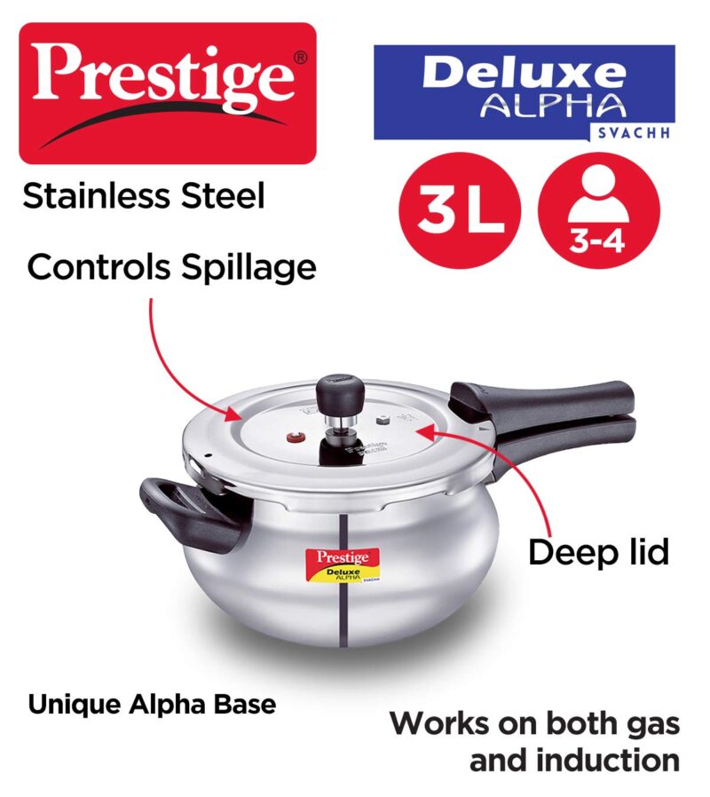 Prestige Svachh Deluxe Alpha Mini Pressure Handi,With Deep Lid For Spillage Control,3 Liter,Stainless Steel,Silver,Outer Lid - Image 5