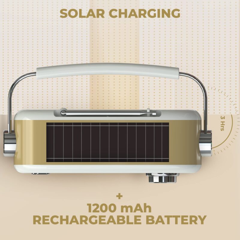 iGear Evoke Retro Modern style Radio and MP3 player with FM/AM/SW, 3 bands, Bluetooth speaker, USB, TF/SD Card, 1200mAh rechargeable battery, Solar charger, Material ABS and Metal, Colour Pearl White and Champagne Gold, 1 Year Free replacement warranty. - Image 5