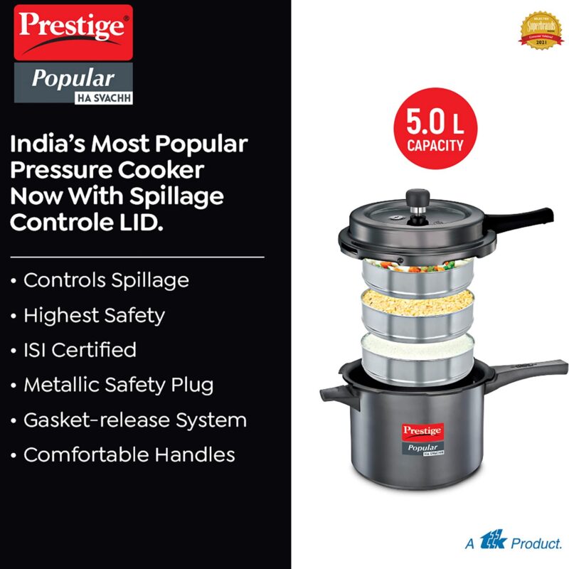 Prestige Popular Svachh Hard Anodised Outer Lid Pressure Cooker (5.0 L, Black, Deep Lid-Controls Spillage), 5 Liter - Image 3