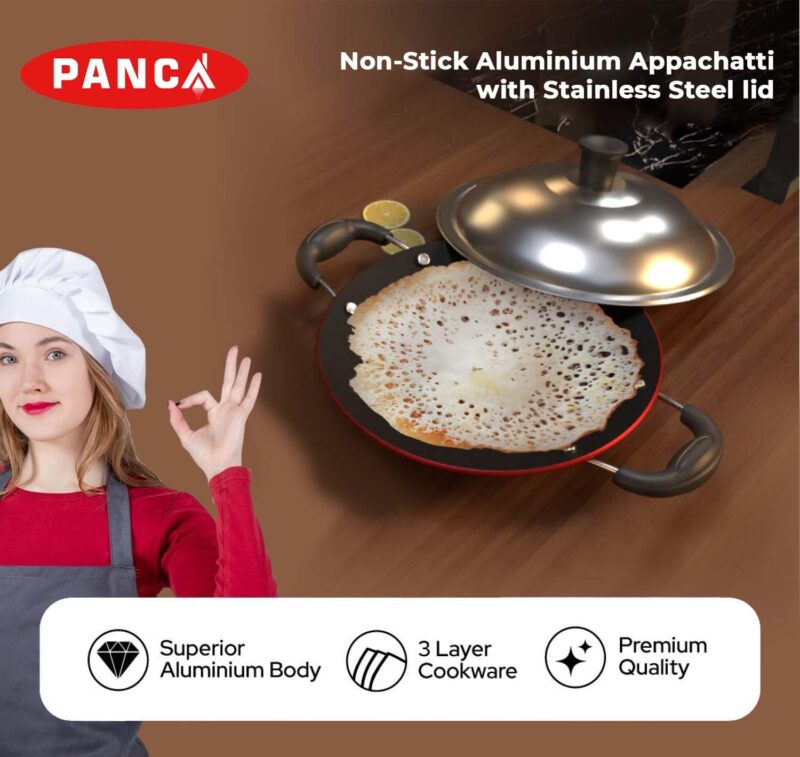 PANCA Non-Stick Aluminium Appachatti with Stainless Steel lid, 2.6mm, Red/Black, 23cm, Gas Compatible, Product Type, Has Nonstick Coating - Image 6