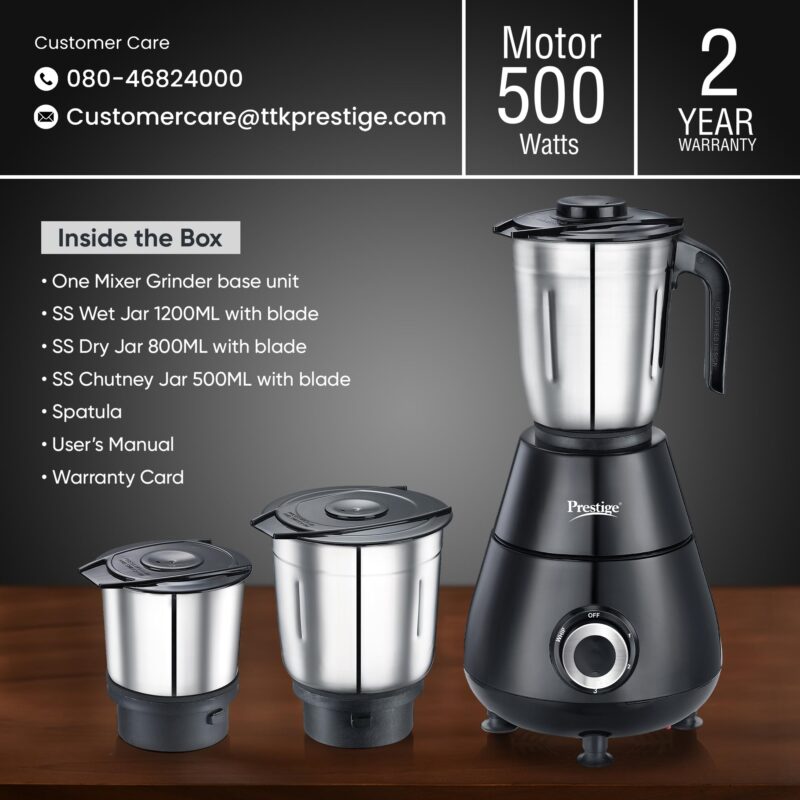 Prestige 500 Watts Apex Mixer Grinder with 3 Stainless Steel Jars|3 Super Efficient Blades|Sturdy Handles|Black| - Image 2