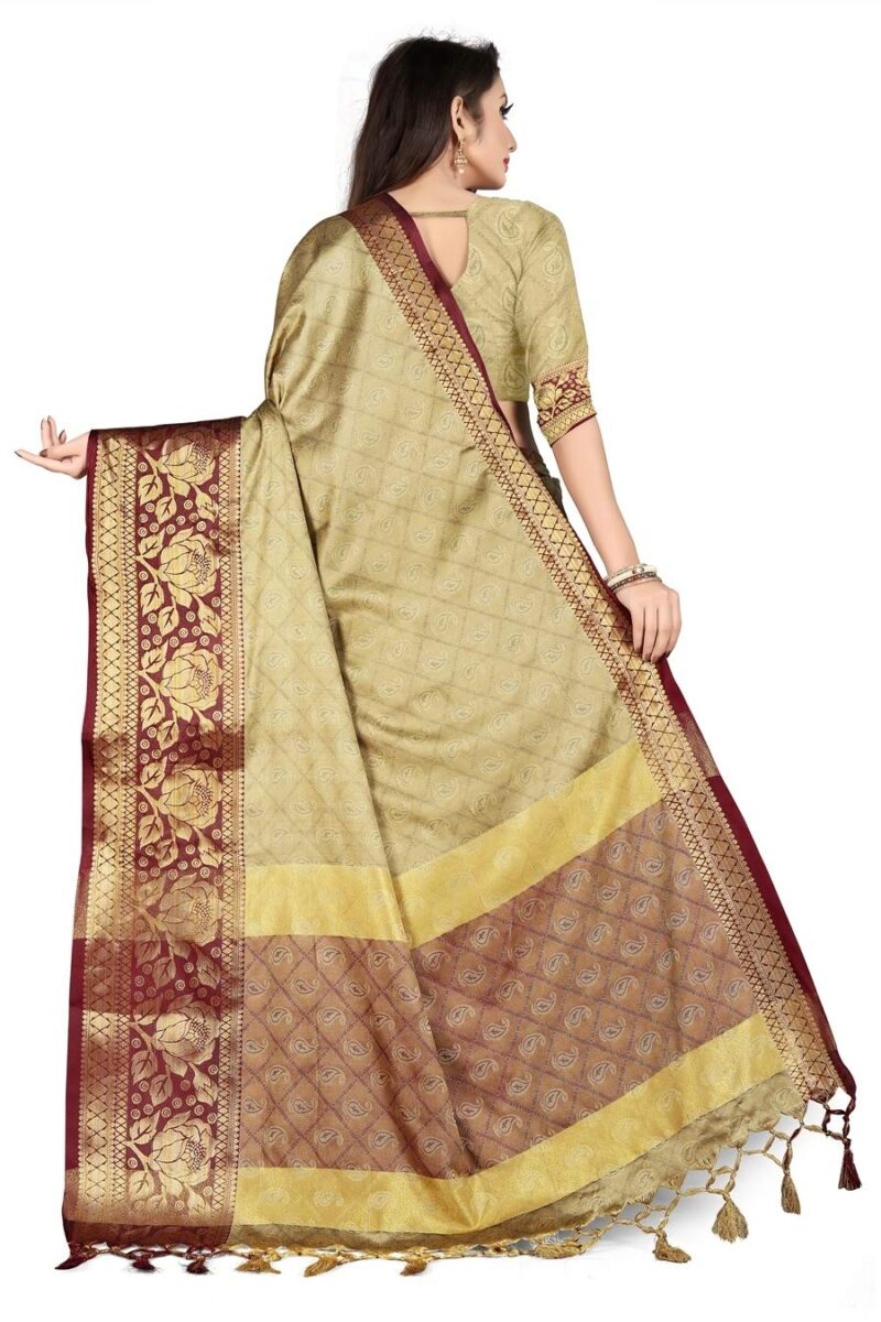 leeza store Banarasi Cotton Silk Kanjivaram Style Saree With Blouse Piece (Cream Color_Free Size) - Image 5