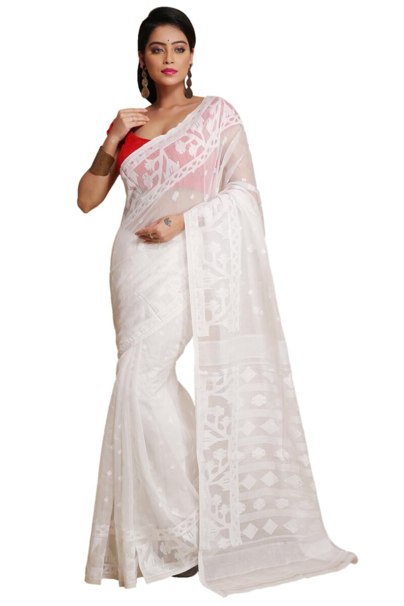 BENGAL HANDLOOM Women's Cotton Silk Dhakai Exclusive Softs Dual Color Jamdani Sarees (White White)