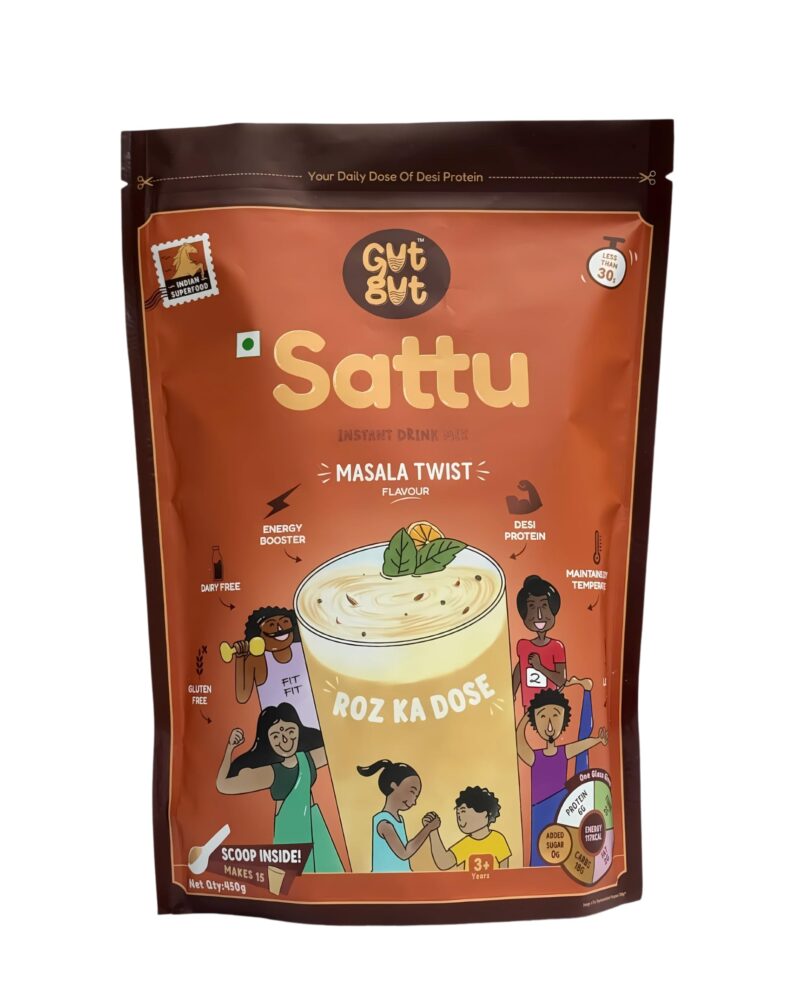 GutGut Sattu Powder | Instant Drink Mix | 100% Natural & Gluten Free Chana Sattu | 30 Glasses 900 grams - Masala Twist Flavour (450g X Pack of 2)