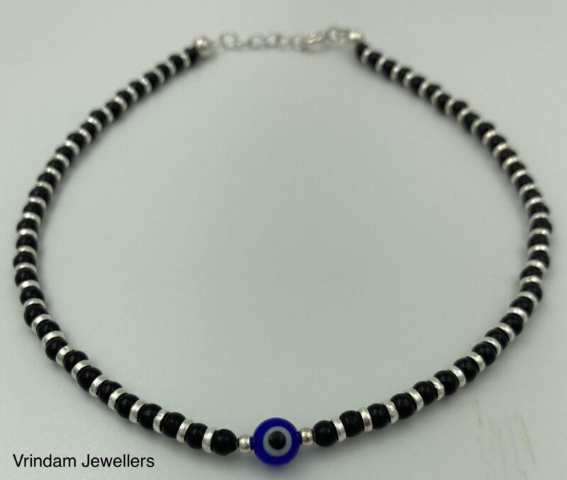 VRINDAM JEWELLERS 925 Sterling Silver Blue Evil Eye Nazariya Anklet with Black Beads For Girl's & Women |Adjustable |Comfortable |Single Piece |Length 27 cm |Weight Approx...7 GM - Image 5