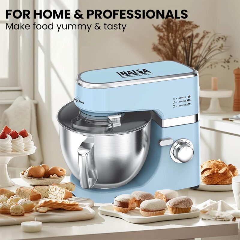 INALSA Stand Mixer 1200W|Pure Copper Motor|5.3L SS Bowl With Splash Guard|Metal Gears for Extra Durability|Accessories Included|Dishwasher Safe|Baking,Cake Mixer,Kneading-Kratos Plus (Blue) - Image 5